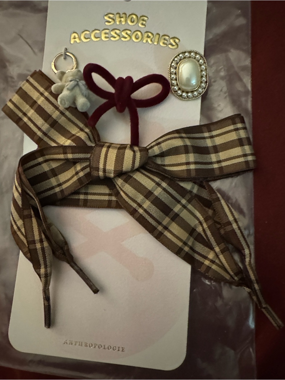 Anthropologie Brown Plaid Bow Shoe Accessories Set with Burgundy Velvet Bow